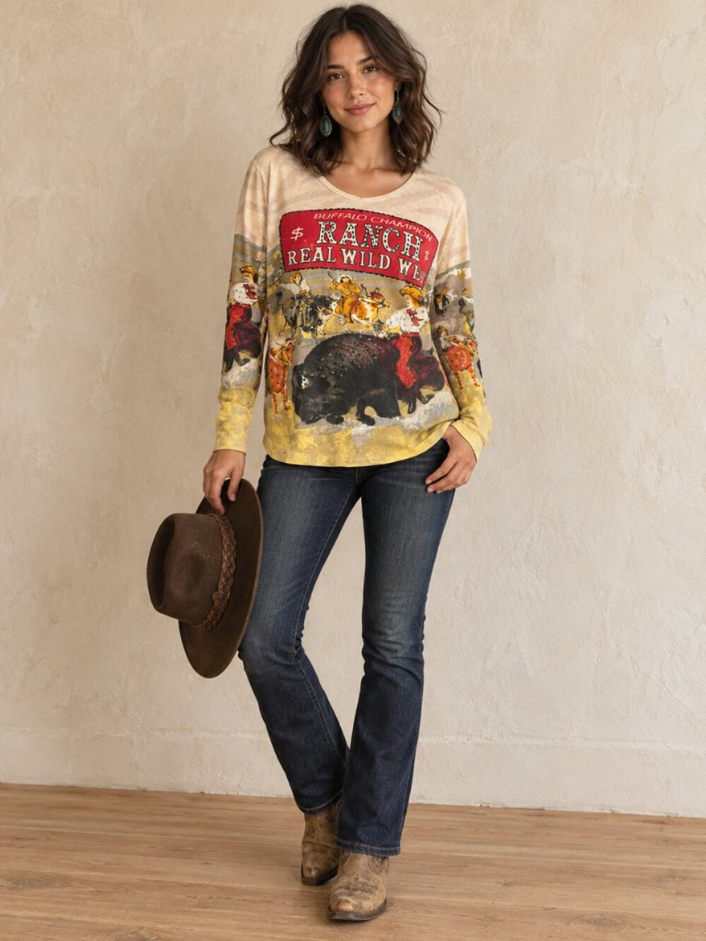 VTG Champion Ranch Real Wild West Long-Sleeve Tee Beige, Yellow & Red Large